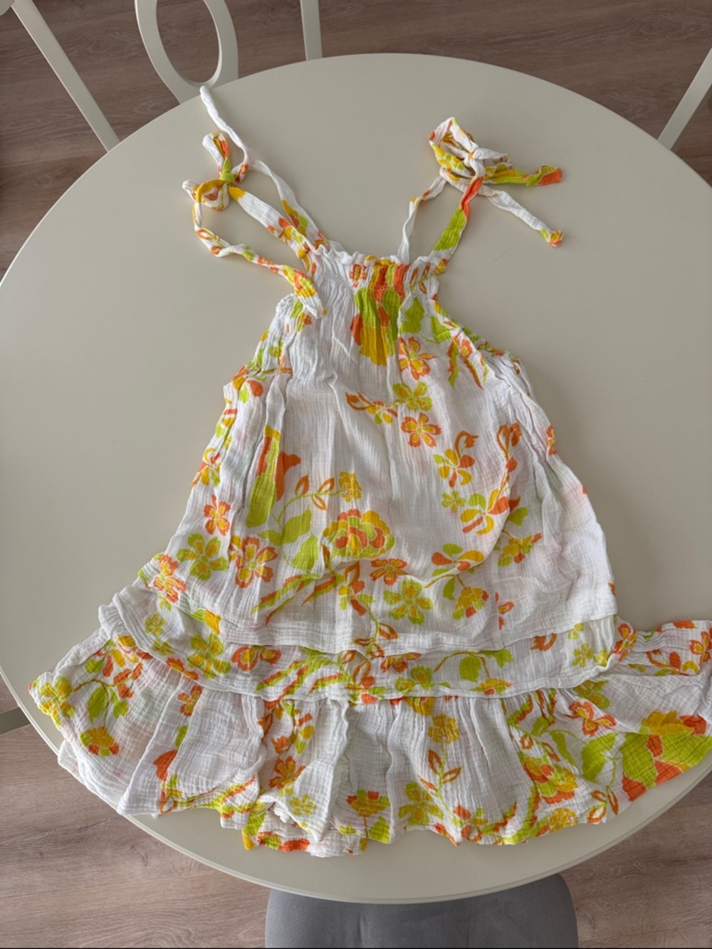 Free People - White Floral Tie-Shoulder Top/Sundress with Orange & Lime Accents